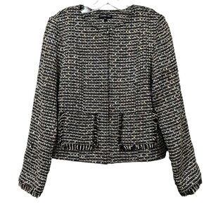 Cynthia Max Medium Petite Pastel Speckled Tweed Black Lined Blazer Jacket Y7